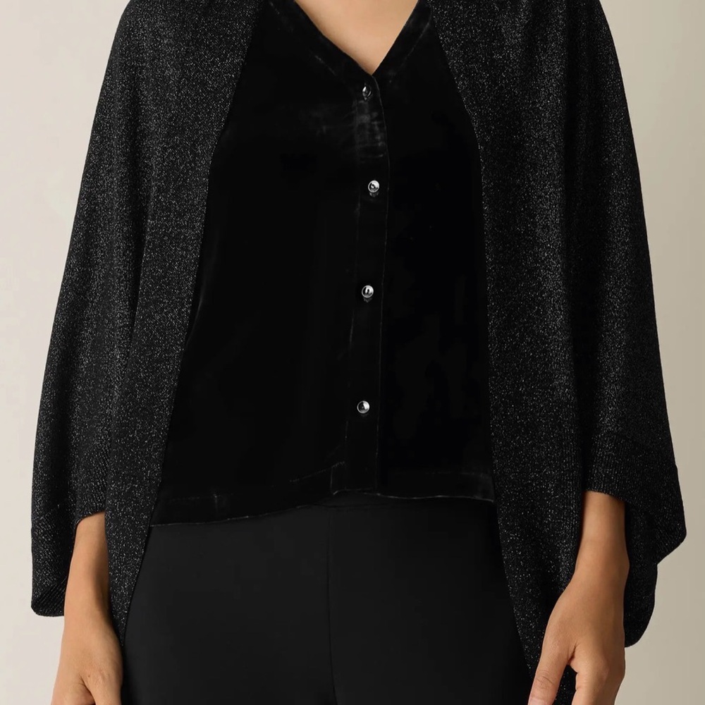 Eileen Fisher Black Shimmer Metallic Merino Wool Blend Wrap - Picture 3 of 8